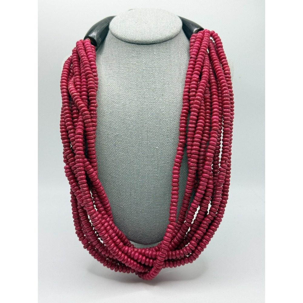 Vintage Gerda Lynggaard for Monies Collar Necklace Red Pink Dyed Wood Discs 17"
